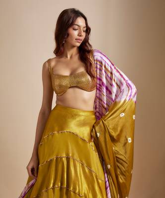 Mustard Block Skirt With Badla Embroidered blouse With Shibori Dupatta 2