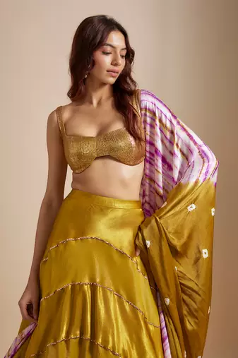 Mustard Block Skirt With Badla Embroidered blouse With Shibori Dupatta