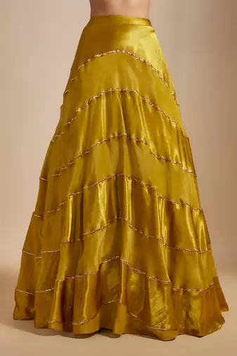 Mustard Block Skirt With Badla Embroidered blouse With Shibori Dupatta