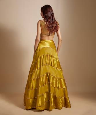 Mustard Block Skirt With Badla Embroidered blouse With Shibori Dupatta 4