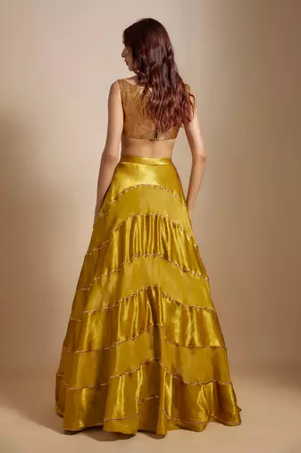Mustard Block Skirt With Badla Embroidered blouse With Shibori Dupatta