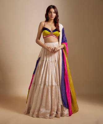 Peach Tissue Skirt With Multi- colored Blouse With Multi-Coloured Dupatta 1
