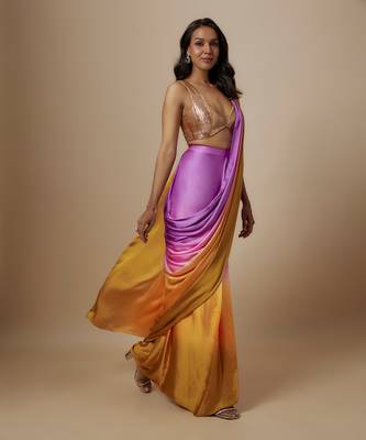 Mustard to purple ombre saree with badla embroidered blouse 2