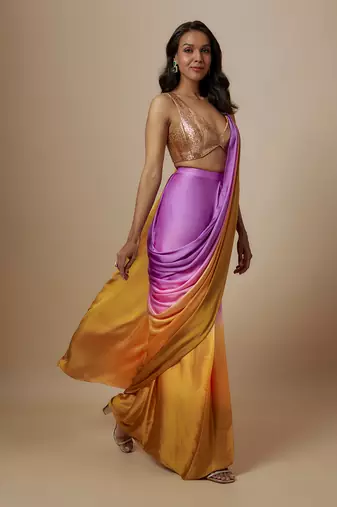 Mustard to purple ombre saree with badla embroidered blouse