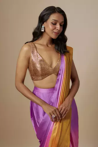 Mustard to purple ombre saree with badla embroidered blouse
