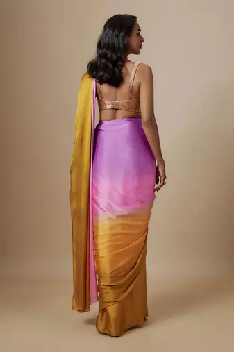 Mustard to purple ombre saree with badla embroidered blouse