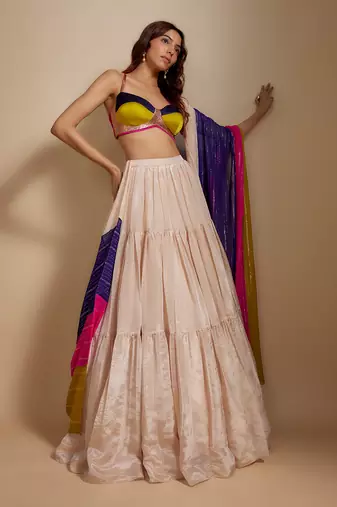 Peach Tissue Skirt With Multi- colored Blouse With Multi-Coloured Dupatta