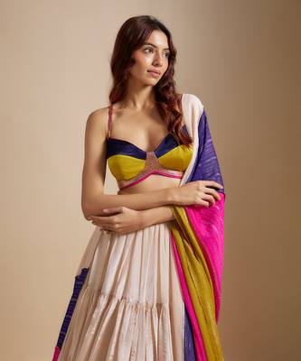 Peach Tissue Skirt With Multi- colored Blouse With Multi-Coloured Dupatta 4