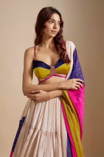 Peach Tissue Skirt With Multi- colored Blouse With Multi-Coloured Dupatta