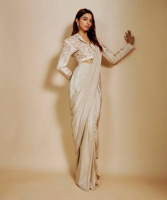 Beige embroidered short blazer with saree 1