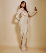 Beige embroidered short blazer with saree