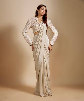 Beige embroidered short blazer with saree 2