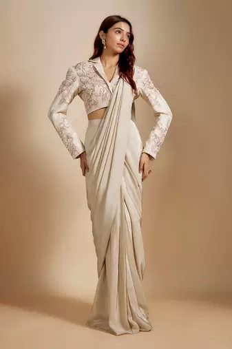 Beige embroidered short blazer with saree
