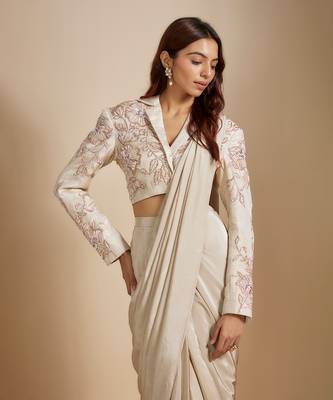Beige embroidered short blazer with saree 3