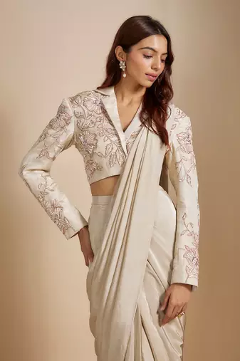 Beige embroidered short blazer with saree