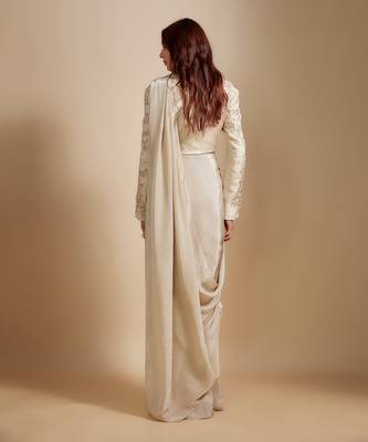 Beige embroidered short blazer with saree 4