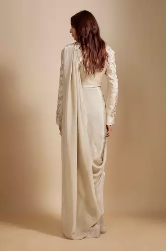 Beige embroidered short blazer with saree