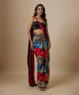 Rust ajrakh printed saree with black blouse 1