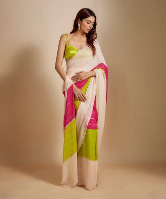 Multi-Colour Block Pre-Draped Embroidered Saree with neon green blouse 2