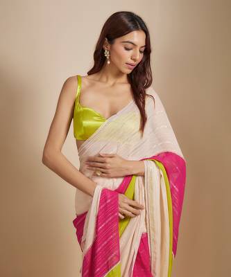 Multi-Colour Block Pre-Draped Embroidered Saree with neon green blouse 3