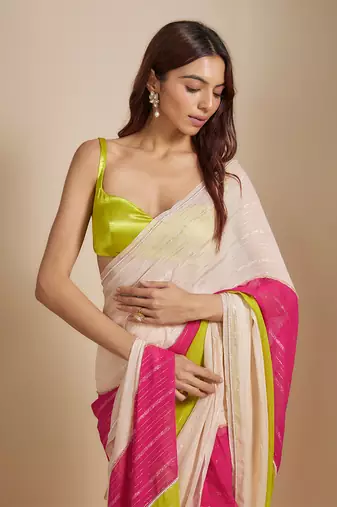 Multi-Colour Block Pre-Draped Embroidered Saree with neon green blouse