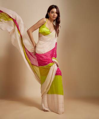 Multi-Colour Block Pre-Draped Embroidered Saree with neon green blouse 4
