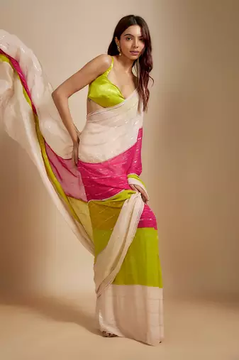Multi-Colour Block Pre-Draped Embroidered Saree with neon green blouse