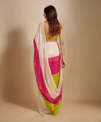 Multi-Colour Block Pre-Draped Embroidered Saree with neon green blouse 5