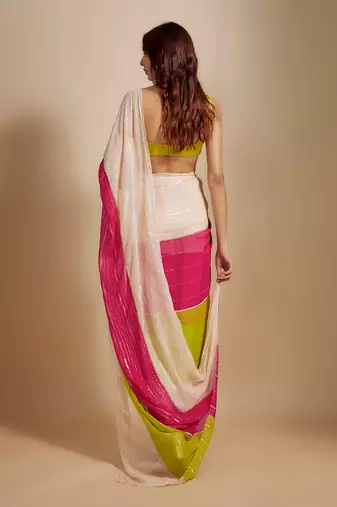 Multi-Colour Block Pre-Draped Embroidered Saree with neon green blouse