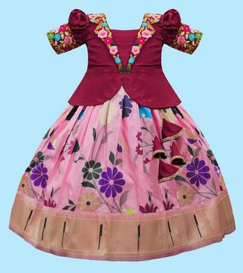 New Maroon south Indian traditional collar digital pattu pavadai Lehenga choli for girls dress 1