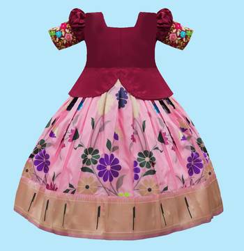 New Maroon south Indian traditional collar digital pattu pavadai Lehenga choli for girls dress 2