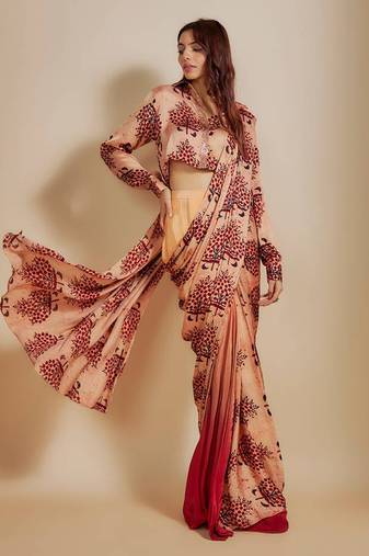 Peach ajrakh printed shirt with saree