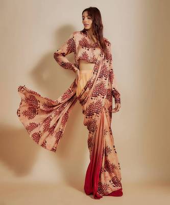 Peach ajrakh printed shirt with saree 1