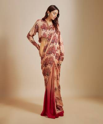 Peach ajrakh printed shirt with saree 2