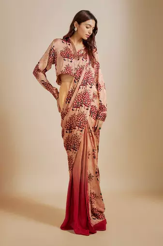 Peach ajrakh printed shirt with saree