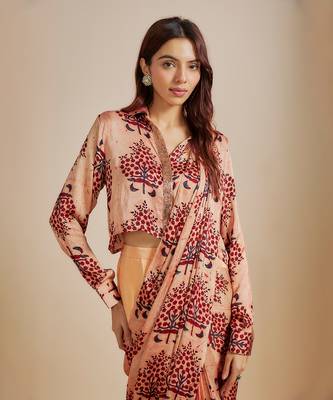 Peach ajrakh printed shirt with saree 3