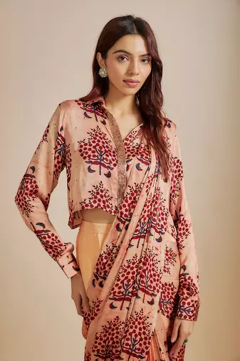 Peach ajrakh printed shirt with saree