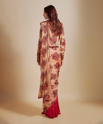 Peach ajrakh printed shirt with saree 4
