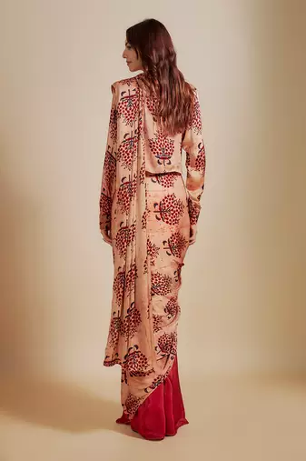 Peach ajrakh printed shirt with saree