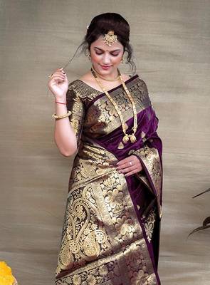Wine Silk Jacquard Saree With beautiful Blouse Piece. 1