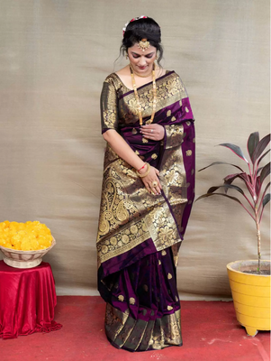 Wine Silk Jacquard Saree With beautiful Blouse Piece. 2