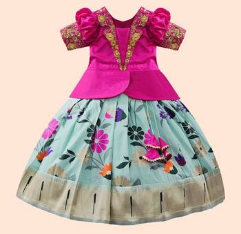 Rani Pink Satin Pattu Pavadai Lehenga Choli For Kids 1