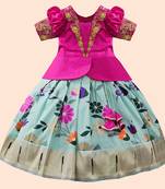 Rani Pink Satin Pattu Pavadai Lehenga Choli For Kids