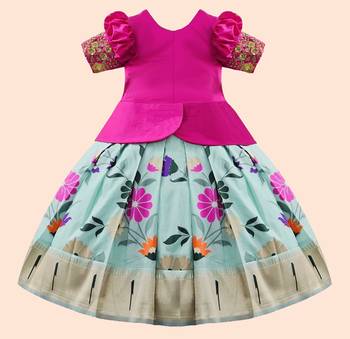 Rani Pink Satin Pattu Pavadai Lehenga Choli For Kids 2