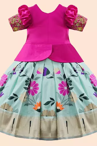 Rani Pink Satin Pattu Pavadai Lehenga Choli For Kids