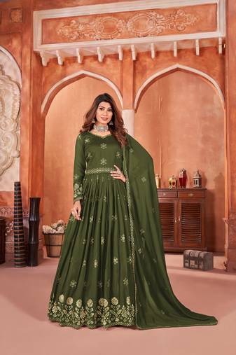 Mehendi embroidered art silk semi stitched anarkali suit