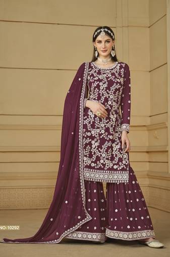 Wine embroidered faux georgette semi stitched salwar suit