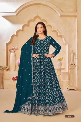 Teal embroidered faux georgette semi stitched anarkali suit 1