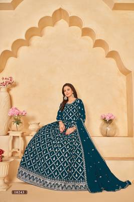 Teal embroidered faux georgette semi stitched anarkali suit 2