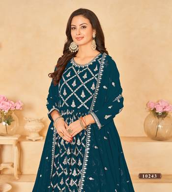 Teal embroidered faux georgette semi stitched anarkali suit 3